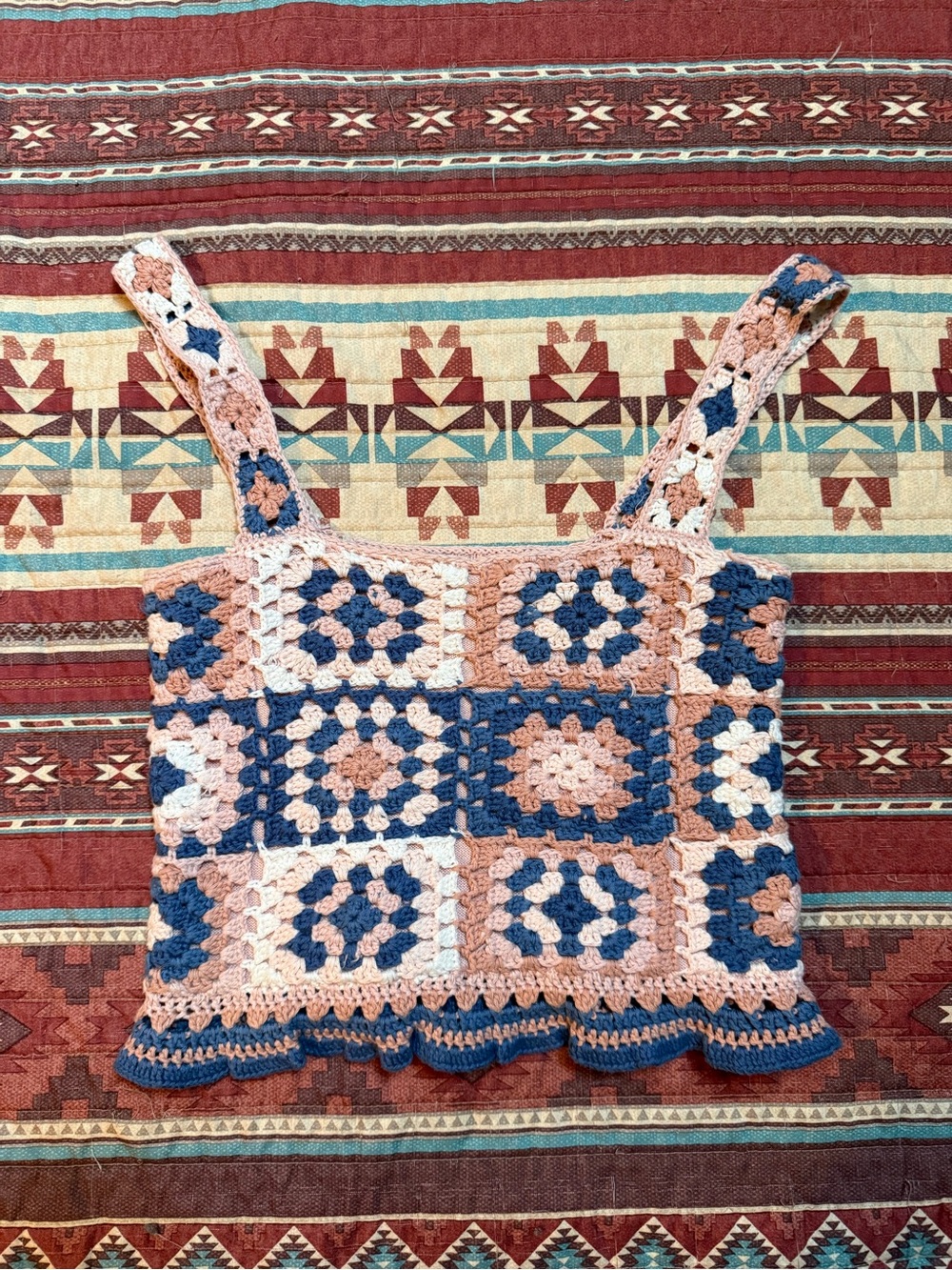 American Eagle Pink Knit Tank with Navy & Cream Crochet XS